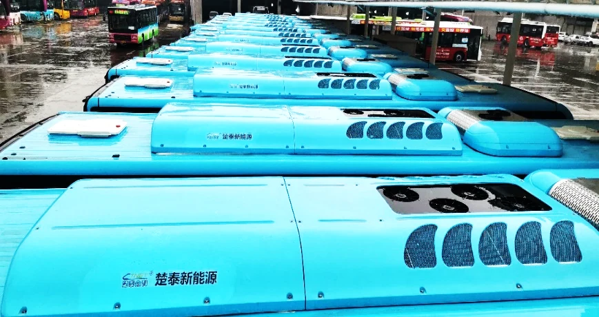 Rows of CTNET rooftop air conditioning systems on Jingzhou electric buses, shown in the partner portfolio