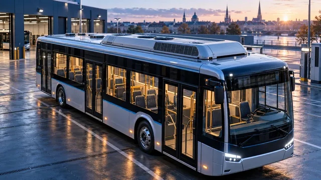 Conceito editorial gerado por AI: Um ônibus urbano elétrico com ar condicionado no telhado em um depósito.