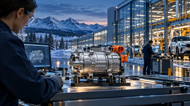 Conceito editorial gerado por AI: Uma instalação de produção de compressores elétricos em uma configuração de inverno.