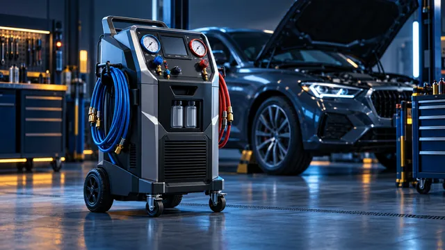 Concept éditorial généré par l'IA : station-service de climatisation avec tuyaux dans un atelier de véhicules.