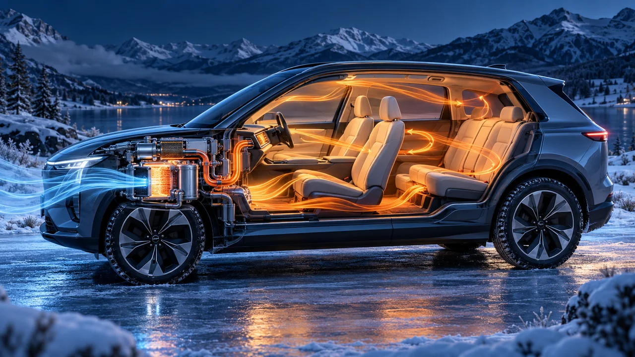 Conceito editorial gerado por AI: Fluxo de ar de cabina quente em um carro elétrico no inverno.