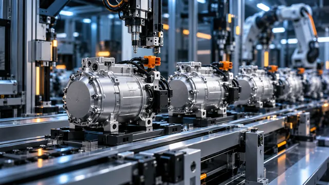 Conceito editorial gerado por AI: compressores elétricos em uma linha de produção automotiva.