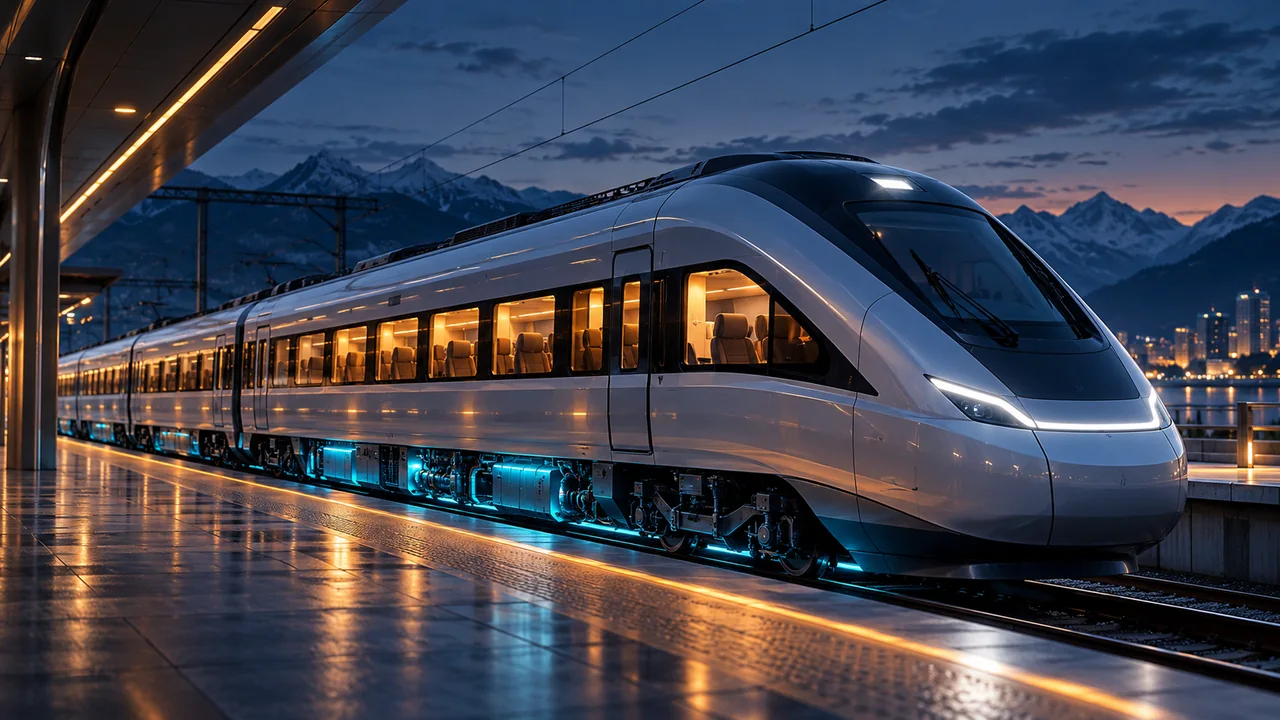 Conceito editorial gerado por AI: Um trem de passageiros com cabina e áreas de gestão térmica no chão.
