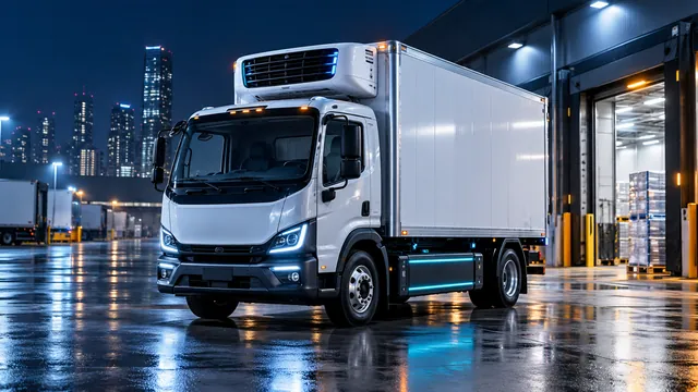Conceito editorial gerado por AI: Um caminhão de entrega refrigerado elétrico em um depósito logístico.