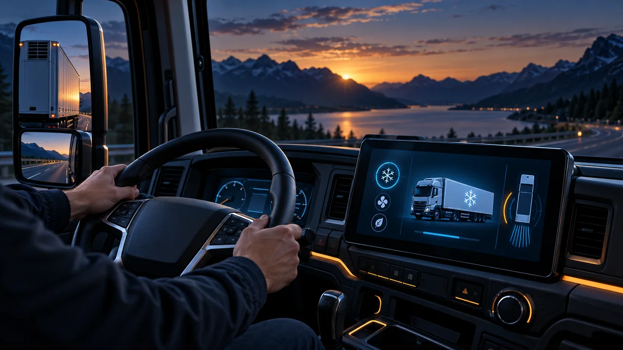 Conceito editorial gerado por AI: Um cockpit de caminhão com uma exibição conceitual de controle de refrigeração.