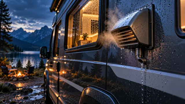 Concept éditorial généré par l'IA : un évent de chauffage extérieur pour camping-car et une zone de drainage d'humidité.