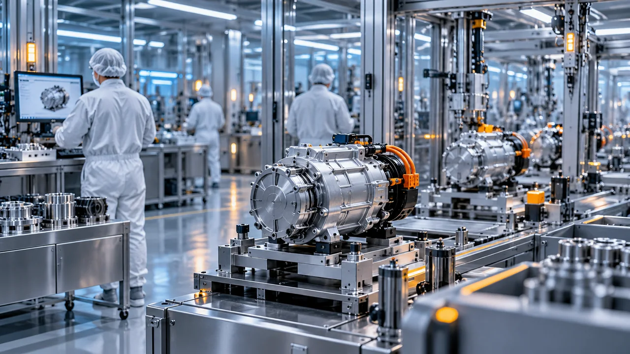 Conceito editorial gerado por AI: Uma área de montagem de compressores automotivos em uma sala de fabricação limpa.