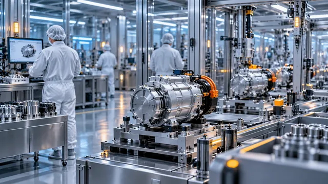Conceito editorial gerado por AI: Uma área de montagem de compressores automotivos em uma sala de fabricação limpa.