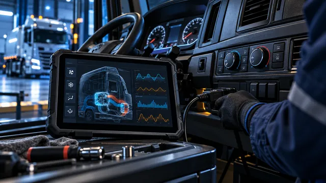 Concept éditorial généré par l'IA : Une tablette de diagnostic et un raccordement de service dans un atelier de camions commerciaux.